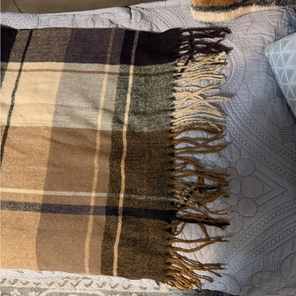 Large Unisex Plaid Wool Scarf in Beige, Brown,and Tan.